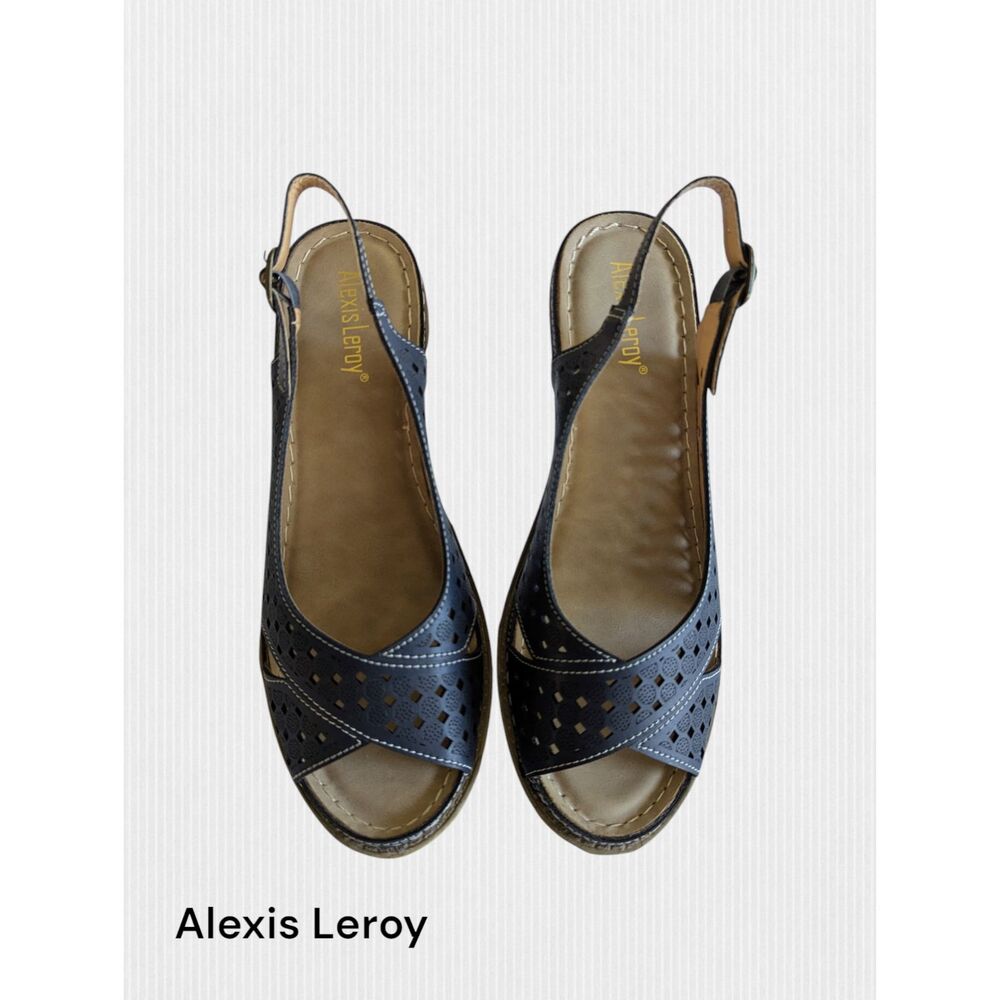 Alexis Leroy Women's Block Heel Cut Out Vamp Peep Toe Slingback  Sz 39